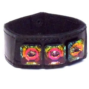 Black Leather Bracelet with Swarovski Crystals